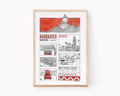 Pictures of Morocco: Print with a comic style drawing of the city of Marrakech. Illustration in black, white and red. Ink and watercolor on paper. Medina