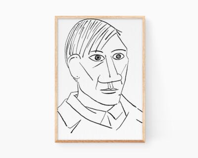Framing pictures by Pablo Picasso. Decorative print with a black and white illustration of a cubist self-portrait. Ink drawing on paper. Linear style modern art.