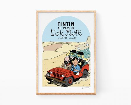 Cuadros paroria de Tintin. Lámina decorativa para enmarcar con una ilustración fake de Tintin y milú en el país del oro negro. Pop Art moderno.