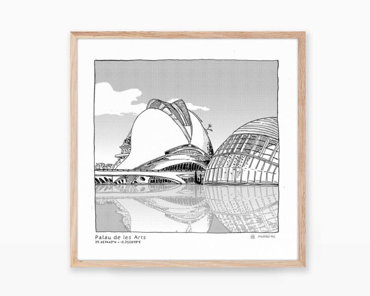 Láminas de Valencia. Cuadro decorativo con un dibujo en blanco y negro del Palacio de las Artes de la ciudad capital de la Comunidad Valenciana. Ilustraciones de arte y arquitectura estilo moderno de la Ciudad de las Artes y de las Ciencias.