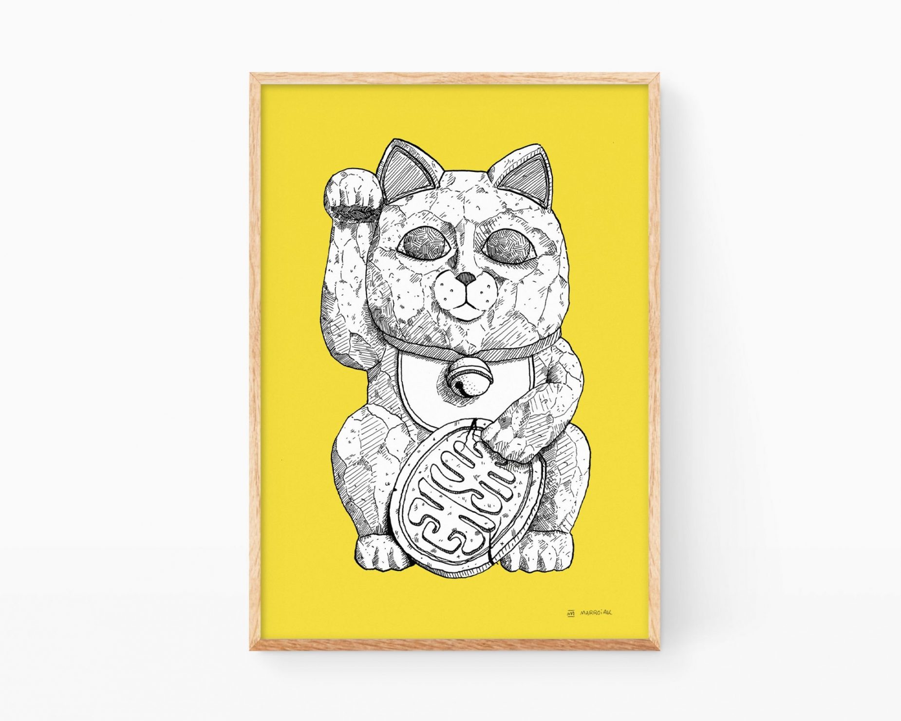 Ilustración Gato de la suerte amarillo (Maneki Neko japón). Cuadro decorativo para enmarcar con una print de estilo japonés y minimalista para decoración del hogar. Dibujo artesanal en tinta sobre papel.