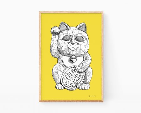 Ilustración Gato de la suerte amarillo (Maneki Neko japón). Cuadro decorativo para enmarcar con una print de estilo japonés y minimalista para decoración del hogar. Dibujo artesanal en tinta sobre papel.