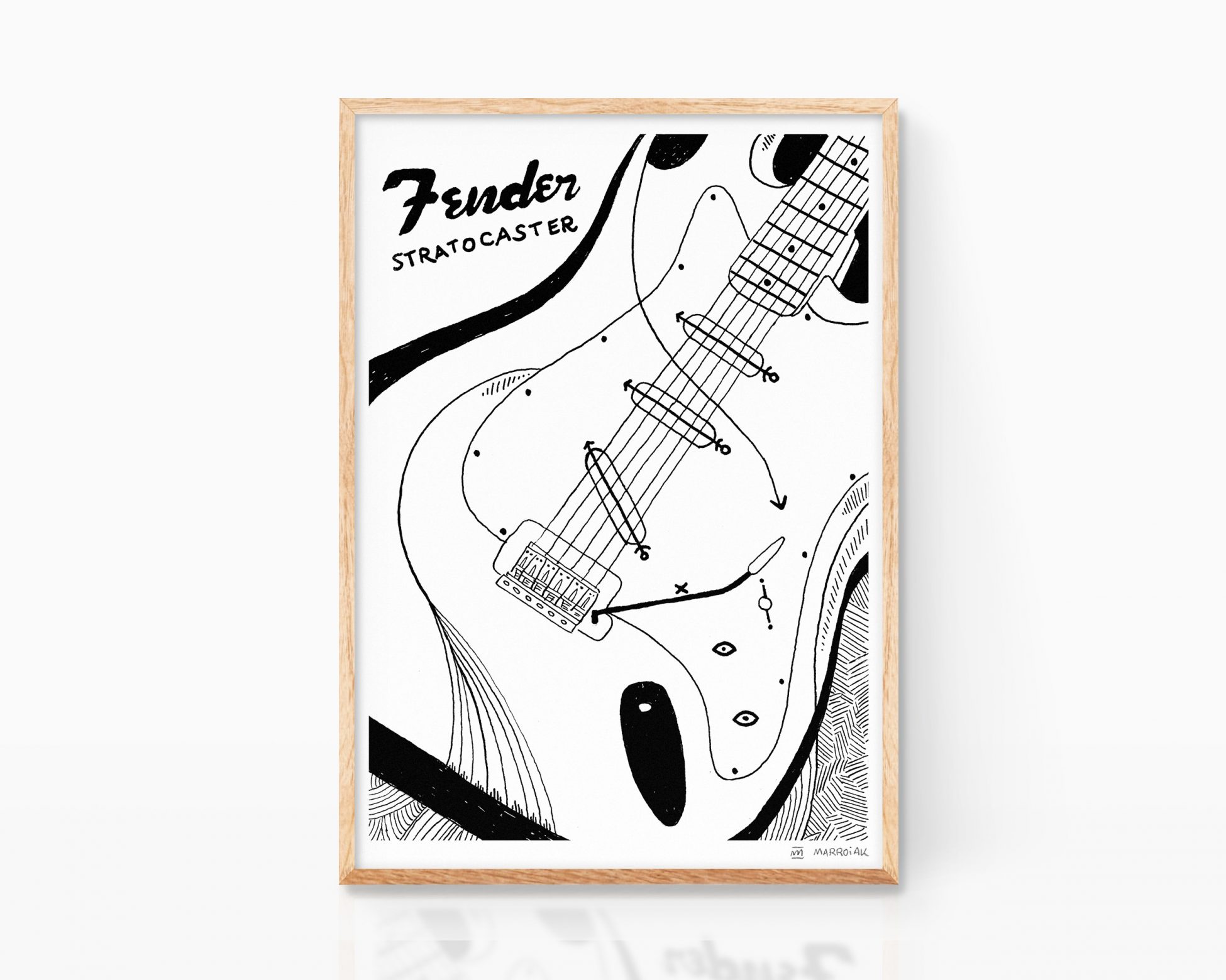 Cuadros de música. Lámina con una ilustración de una guitarra Fender Stratocaster dibujada en blanco y negro y en estilo cubista y moderno. Regalo para guitarristas.