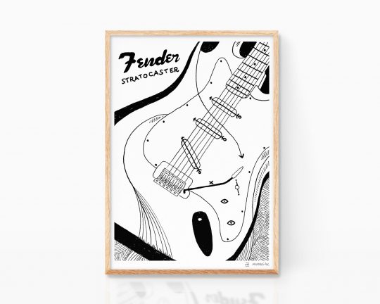 Cuadros de música. Lámina con una ilustración de una guitarra Fender Stratocaster dibujada en blanco y negro y en estilo cubista y moderno. Regalo y prints para guitarristas y músicos.