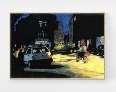 Drawings of Nepal. Decorative print with an illustration of the neighborhood of Thamel, in the city of Kathmandu, at sunset made in ink and watercolor. Pictures of Nepal to give as a gift.