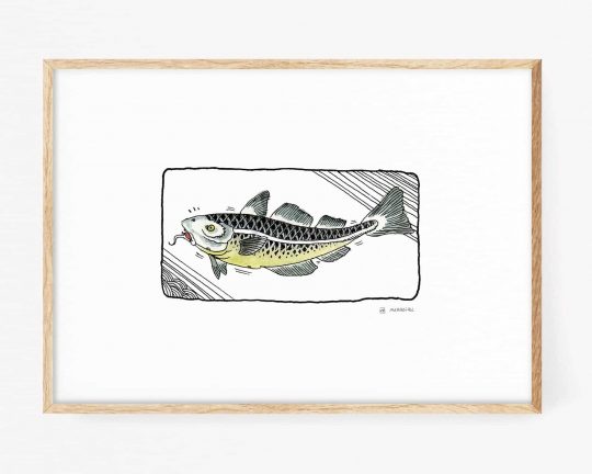 Cuadro decorativo japonés para sushi. Lámina (print) con un dibujo en acuarela de un pez estilo manga. Ilustraciones originales a la venta online.