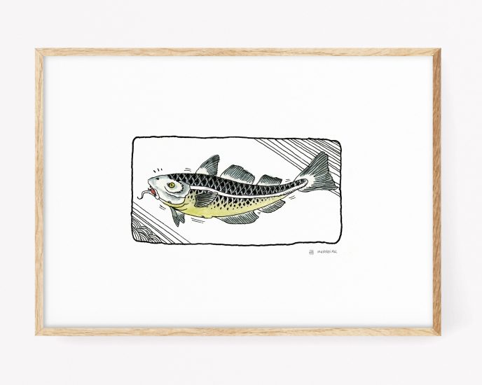 Cuadro decorativo japonés para sushi. Lámina (print) con un dibujo en acuarela de un pez estilo manga. Ilustraciones originales a la venta online.