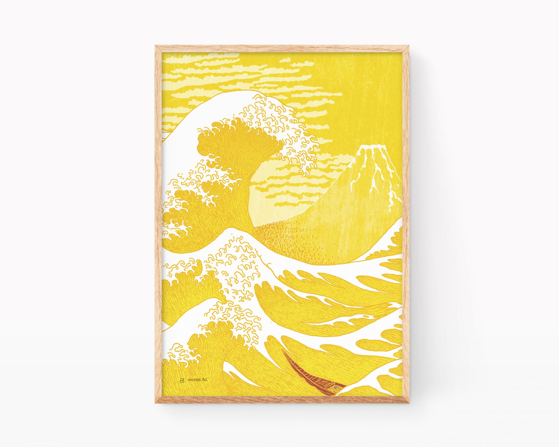 Ilustración La Gran ola y el Fuji Rojo de Katsushika Hokusai. Cuadro decorativo para enmarcar con una print que mezcla los dibujos de La gran ola de kanagawa con el Fuji Rojo, obras maestras de la estampación japonesa (ukiyo-e). Versión amarillo y mostaza.