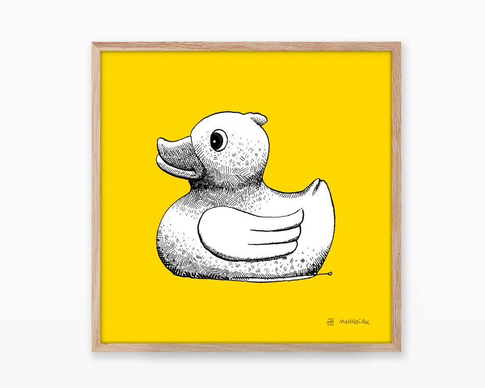 Rubber duck illustration print. Bathroom wall decor poster. Yellow and minimalist design with a black and white drawing for kids.
