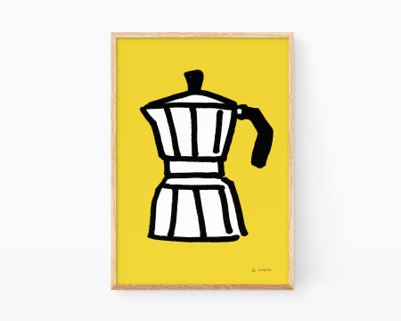 Lámina amarilla para cocina con un dibujo de una cafetera italiana bialetti. Cuadros decorativos para enmarcar con diseños minimalistas para bares y cafeterías de estilo divertido y nórdico. Arte hecho en España.