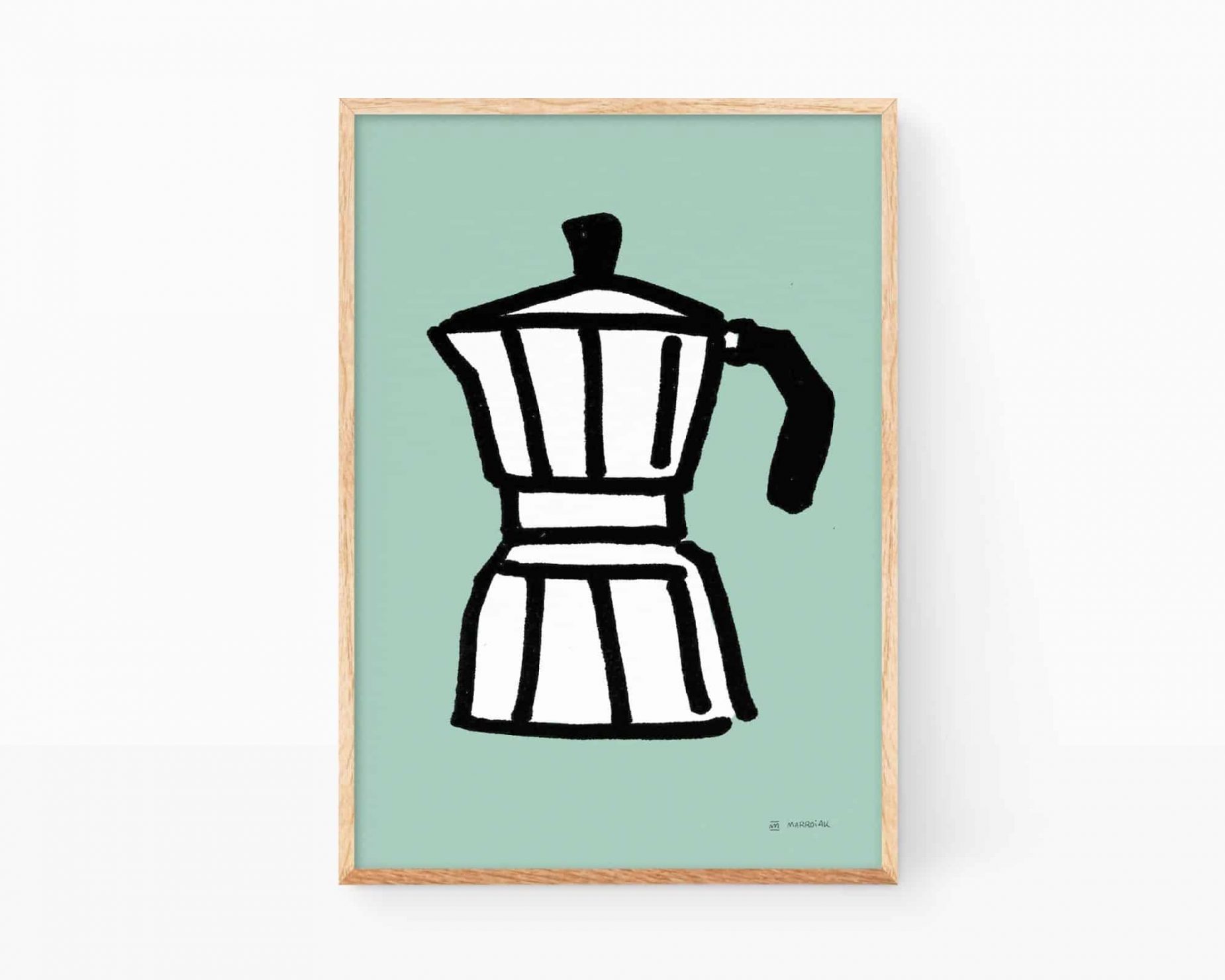 Lámina decorativa cocina, Desayuno con café. Cuadros para enmarcar con un dibujo de una cafetera tradicional italiana sobre fondo turquesa. Ilustración de estilo minimalista y divertido.