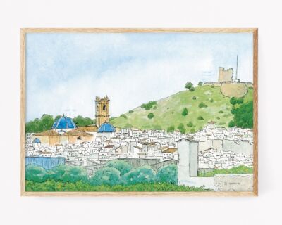 Vista pueblo Oliva, Valencia - Cuadro decorativo para enmarcar con una lámina impresa sobre papel museo - Prints con dibujos de paisajes de la comarca de La Safor no basados en fotos. Castillo Santa Anna e Iglesia Sant Roc. Dibujos y fotos de Oliva pueblo