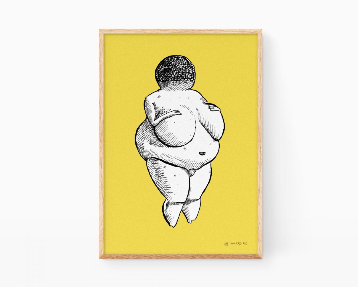 Lámina Venus de Willendorf amarillo. Cuadro decorativo para enmarcar con un dibujo en blanco y negro de la escultura primitiva de una mujer embarzada. Ilustración original y exclusiva en formato print disponible para comprar online.