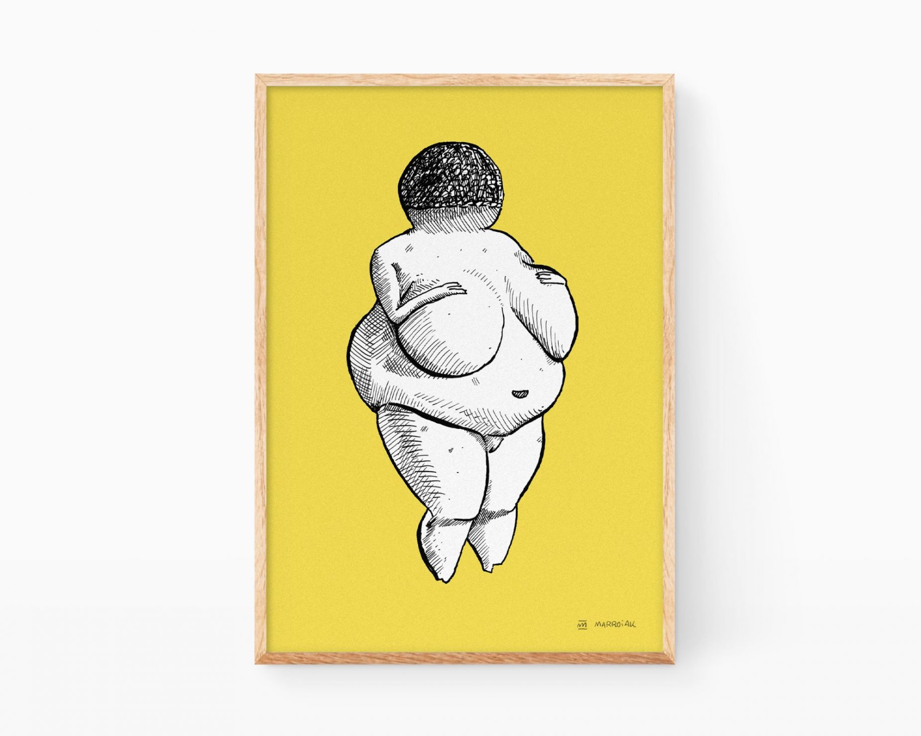 Lámina Venus de Willendorf amarillo. Cuadro decorativo para enmarcar con un dibujo en blanco y negro de la escultura primitiva de una mujer embarzada. Ilustración original y exclusiva en formato print disponible para comprar online.