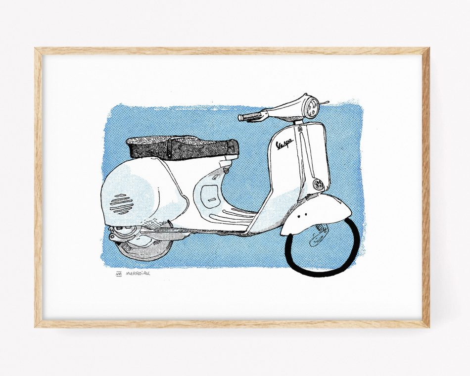 Ilustración moto Vespa antigua. Cuadro decorativo para enmarcar con una lámina impresa de un dibujo de una motocicleta italiana antigua. Prints de estilo vintage y grunge.
