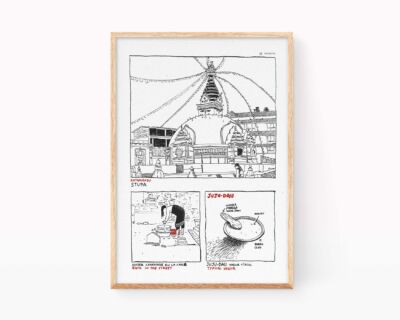 Picture of Kathmandu, Nepal. Comic book style travel illustration with a black and white drawing of a stupa, a woman bathing and Juju Dau yogurt.