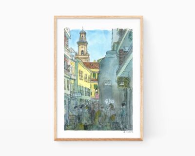 Cuadro para enmarcar con una ilustración en acuarela del Carrer de la Delicada en Gandia, Valencia. Colegiata y zona comercial. Pueblos de La Safor