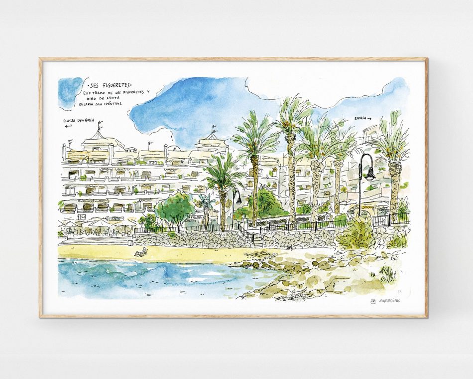 Dibujo de Ibiza. Ilustración en acuarela y tinta de la playa urbana de Ses Figueretes en la ciudad de Eivissa en las Islas Baleares estilo urban sketchers.