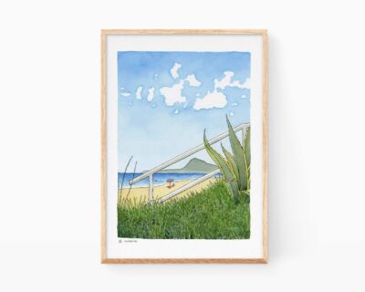 Cuadro pueblos de la safor valencia. Dibujo de la playa de Oliva y el montgó en Denia y Xabia