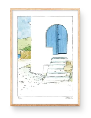 Cuadro puerta azul de playa Cala Portichol de Javea. Acuarelas de playas del mediterráneo