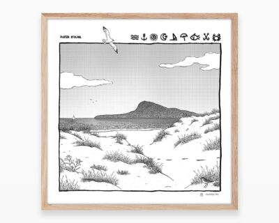 Serigrafía original en blanco y negro con un dibujo de la playa de Oliva y Denia con el Montgó y el mar de fondo. Arte de Valencia. Pueblos de La Safor