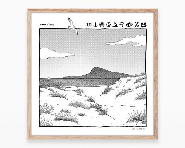 Serigrafía original en blanco y negro con un dibujo de la playa de Oliva y Denia con el Montgó y el mar de fondo. Arte de Valencia. Pueblos de La Safor