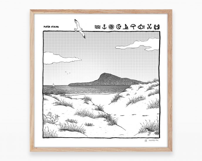 Serigrafía original en blanco y negro con un dibujo de la playa de Oliva y Denia con el Montgó y el mar de fondo. Arte de Valencia. Pueblos de La Safor