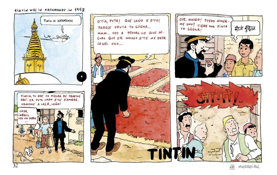 Láminas con parodias de Tintin, Tintin en el Tibet. Cómic donde aparecen el Capitan Hadock, Milú y el protagonista paseando por Kathmandú, Nepal. Cuadros divertidos para enmarcar