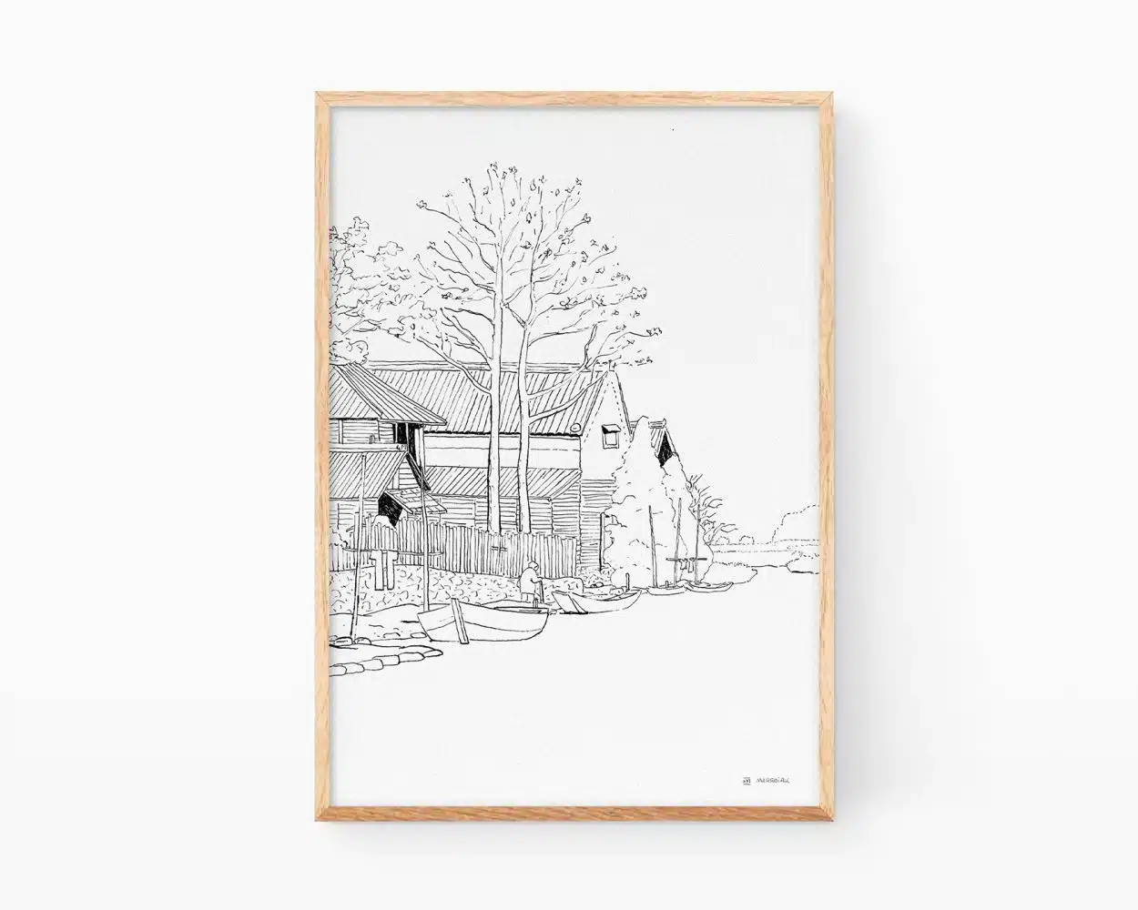 Cuadro decorativo ukiyo-e. Ilustración estampa japonesa de Hiroshi Yoshida versionado en blanco y negro. Dibujo en tinta. Noche en calma en un pueblo con río y barcos.