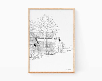 Decorative ukiyo-e painting. Japanese print illustration by Hiroshi Yoshida versioned in black and white. Drawing in ink. Calm night in a village with river and boats.