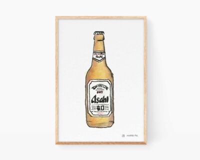 Decorative pictures for kitchen. Print with an illustration of Japan's Asahi beer for framing. Modern style watercolor drawings for decoration of apartments, houses and breweries.