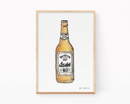 Cuadros decorativos para cocina. Lámina con una ilustración para enmarcar de la cerveza de Japón Asahi. Dibujos en acuarela de estilo moderno para decoración de pisos, casas y cervecerías.