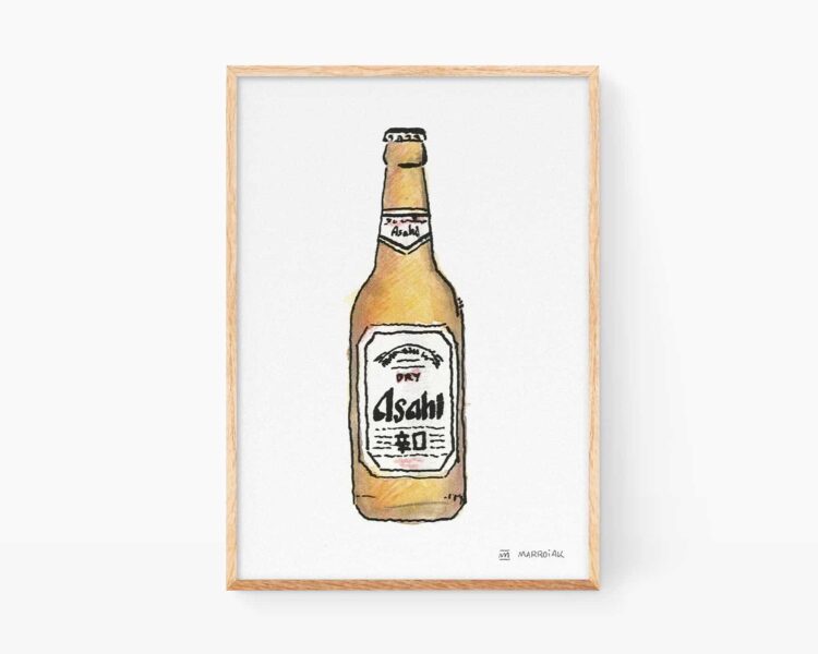 Cuadros decorativos para cocina. Lámina con una ilustración para enmarcar de la cerveza de Japón Asahi. Dibujos en acuarela de estilo moderno para decoración de pisos, casas y cervecerías.