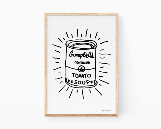 Cuadro decorativo para cocinas con una ilustración minimalista y divertida de las Sopas Campbell´s de Andy Warhol. Dibujo line art en blanco y negro estilo Keith Haring. Láminas de Pop Art moderno.