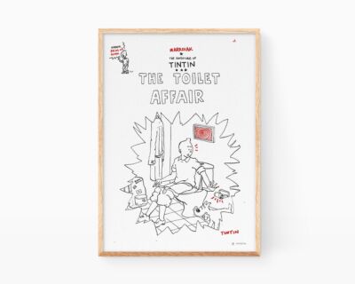 Paintings of Tintin. Print with an illustration in ink on paper and black and white for framing. Cover of comic parody.