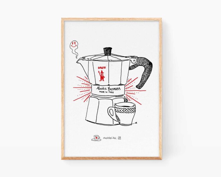 Cuadro divertido para cocinas con un dibujo en blanco y negro de una cafetera antigua y vintage italiana Bialetti.Láminas ilustraciones para enmarcar y comprar online