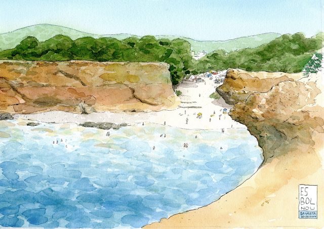Cuadros de Ibiza: Lámina con una ilustración en acuarela de la playa de Es Bol Nou (Sa Caleta) en la isla de Eivissa. Prints con dibujos de viaje.