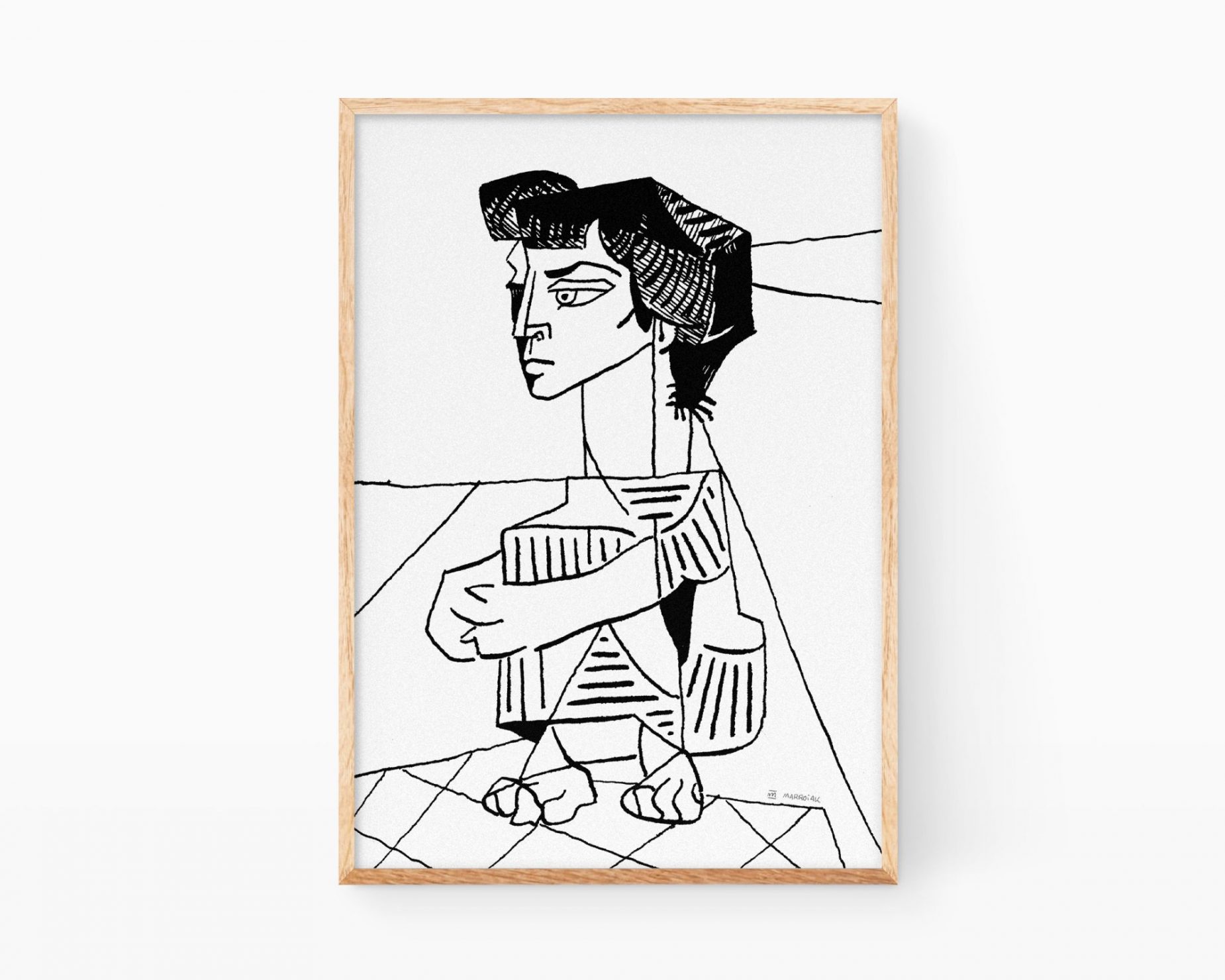 Cuadros de Pablo Picasso. Lámina decorativa ilustración Mujer sentada de estilo cubista en blanco y negro. Prints para decorar casas de estilo nórdico y minimalista con arte lineal y dibujos modernos.
