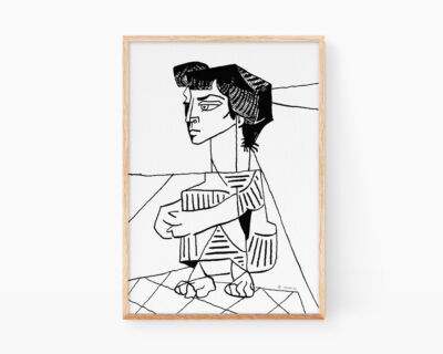 Paintings by Pablo Picasso. Decorative print illustration Woman sitting in cubist style in black and white. Prints to decorate Nordic and minimalist style houses with line art and modern drawings.