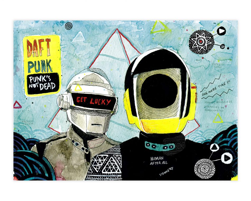 Dibujo en tinta y acuarela de Daft Punk. Casco ilustración. Música electrónica