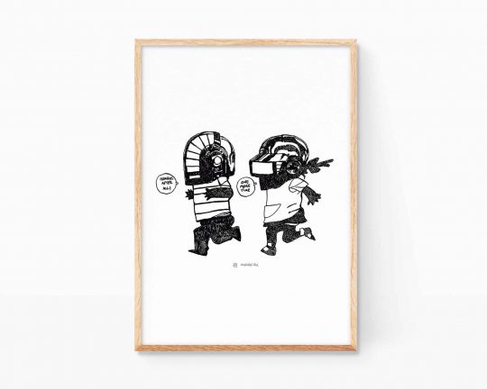 Lámina Baby Daft Punk. Cuadro decorativo para enmarcar con una ilustración retrato en blanco y negro del grupo de música electrónica Daft Punk. Dibujos lineal de la colección de remezclas de Arte