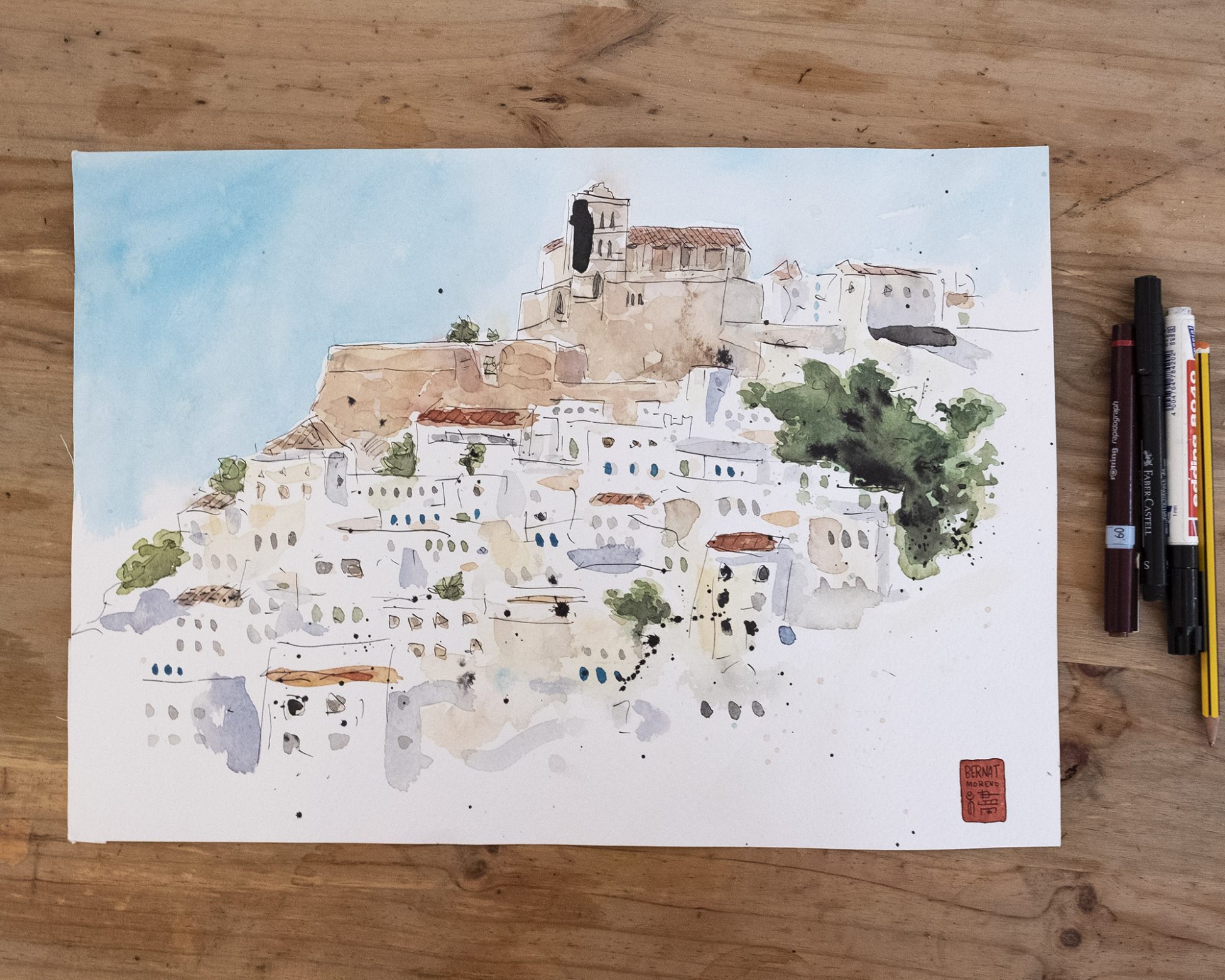 Boceto en acuarela de Dalt Vila, Ibiza. Dibujo rápido. Ilustración Urban Sketchers. Baleares. España