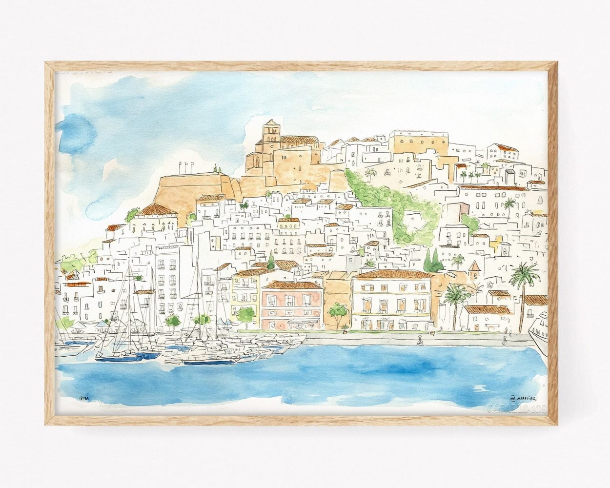 Acuarela original de Dalt Vila, Ibiza. Cuadros decorativos para enmarcar con imágenes de Eivissa y su centro histórico antiguo. Ilustraicones de las Islas Baleares