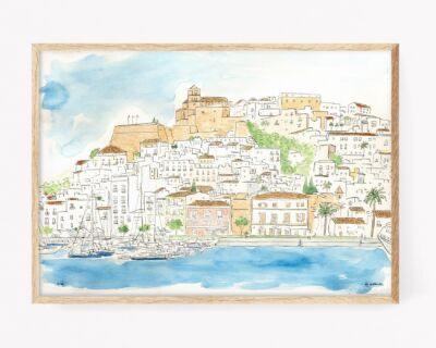 Original watercolor of Dalt Vila, Ibiza. Decorative pictures for framing with images of Eivissa and its old historical center. Illustrations of the Balearic Islands.