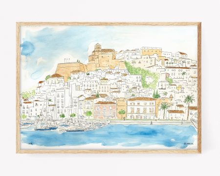 Acuarela original de Dalt Vila, Ibiza. Cuadros decorativos para enmarcar con imágenes de Eivissa y su centro histórico antiguo. Ilustraicones de las Islas Baleares