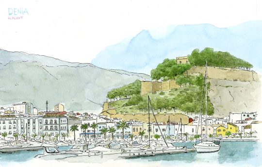 Lámina imagen del puerto de Denia (Marina Alta), ilustración en acuarela