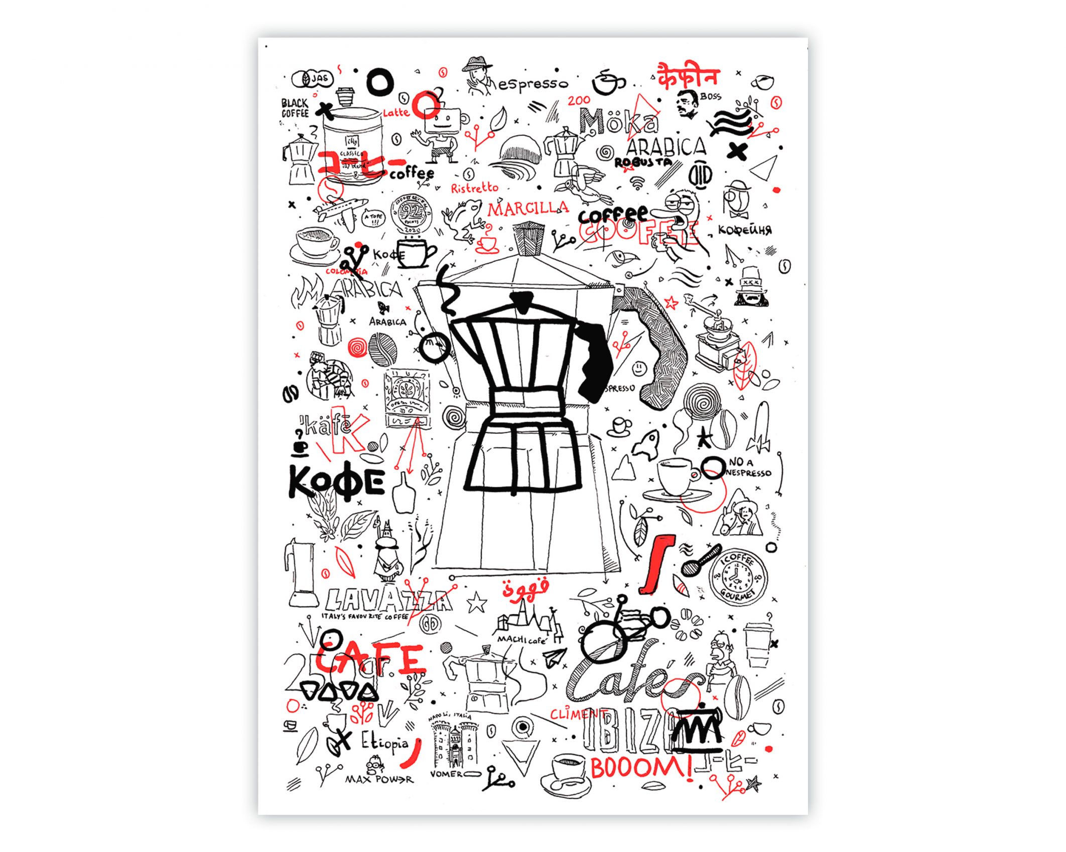 Ilustración con diferentes dibujos relacionados con el café: cafetera, lavazza, bialetti, cafés climents, illy...
