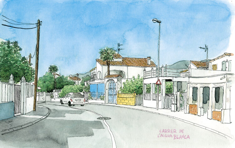 Lámina decorativa para enmarcar con una ilustración de la playa de oliva valencia. Cuadro de la calle agua blanca