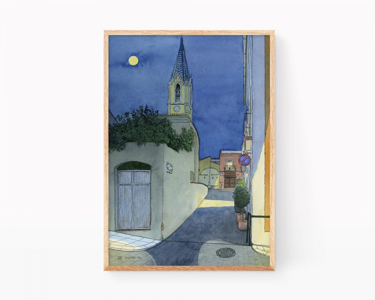 Dibujos y fotos de pueblos de Valencia. Lámina con ilustración de una calle y la iglesia de Palma de Gandía, municipio de la Safor de noche