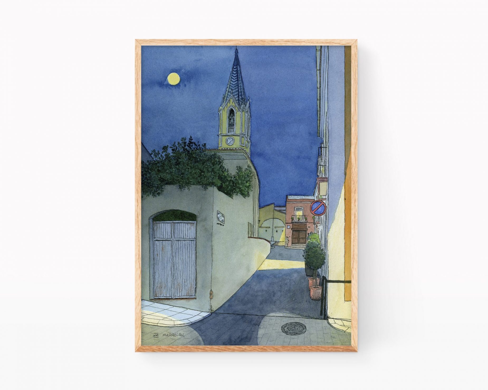 Dibujos y fotos de pueblos de Valencia. Lámina con ilustración de una calle y la iglesia de Palma de Gandía, municipio de la Safor de noche